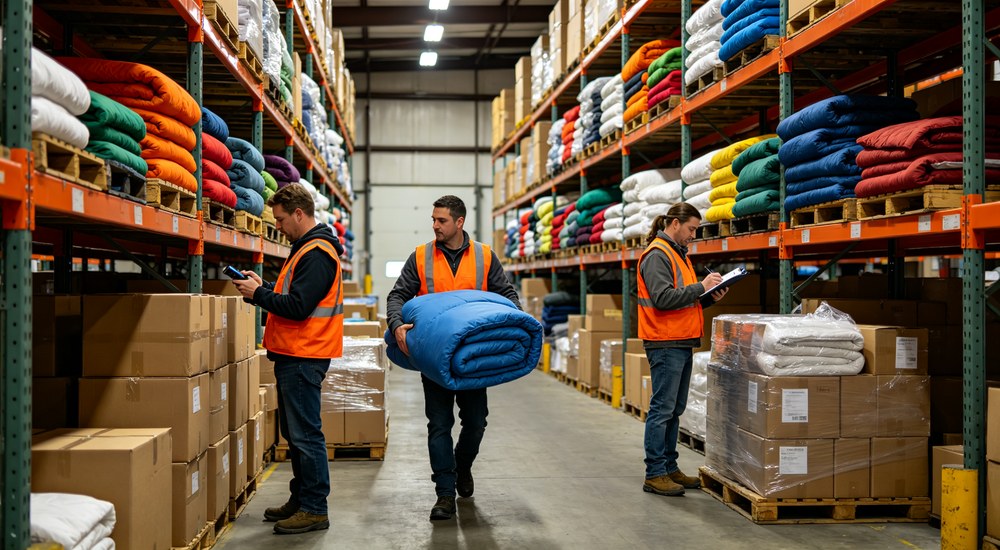 Studio product shot of housekeeping cart in institutional corridor with stacked blue and white bedding, staff preparing for room turnover in facility with efficient workflow