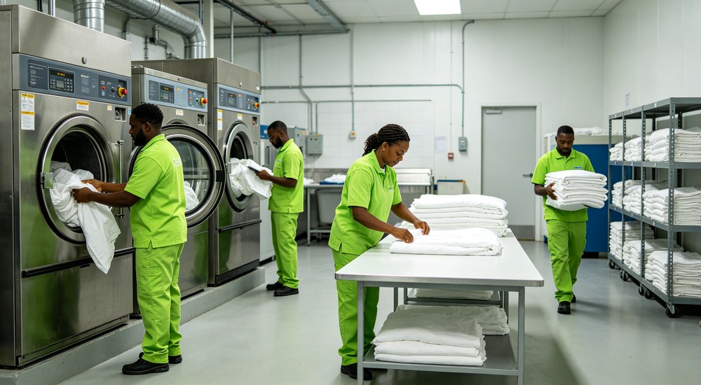 Portrait of purchasing inspection staff examining defective duvet cover closure, identifying quality issues before bulk institutional bedding order placement process