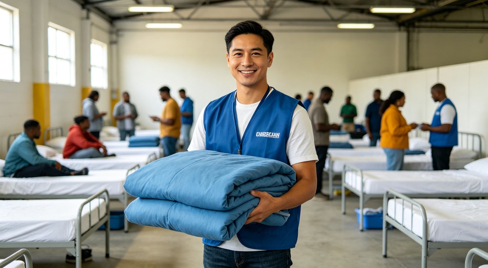 Documentary style photo of homeless shelter dormitory with beige and white bedding, staff in green shirts assisting diverse residents in well-lit clean facility environment