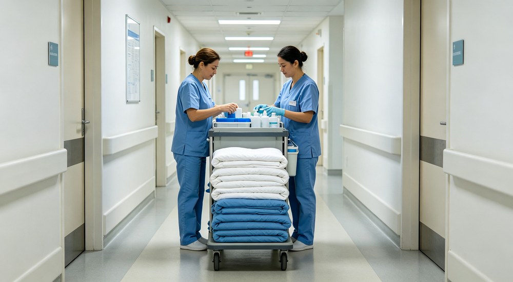 Panoramic view of large bedding warehouse with tall shelves of pillows duvet inserts and folded blankets, workers managing inventory for bulk institutional supply chain