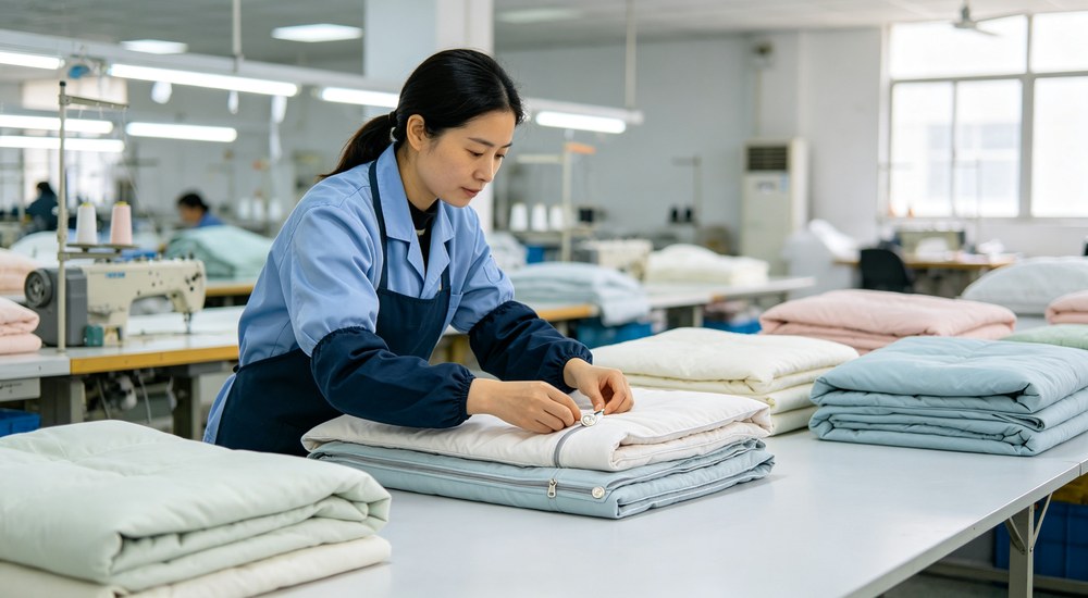 Side-by-side comparison view of zipper button and tie duvet cover closures, each showing hand operation with labeled fastening type for buyer evaluation reference