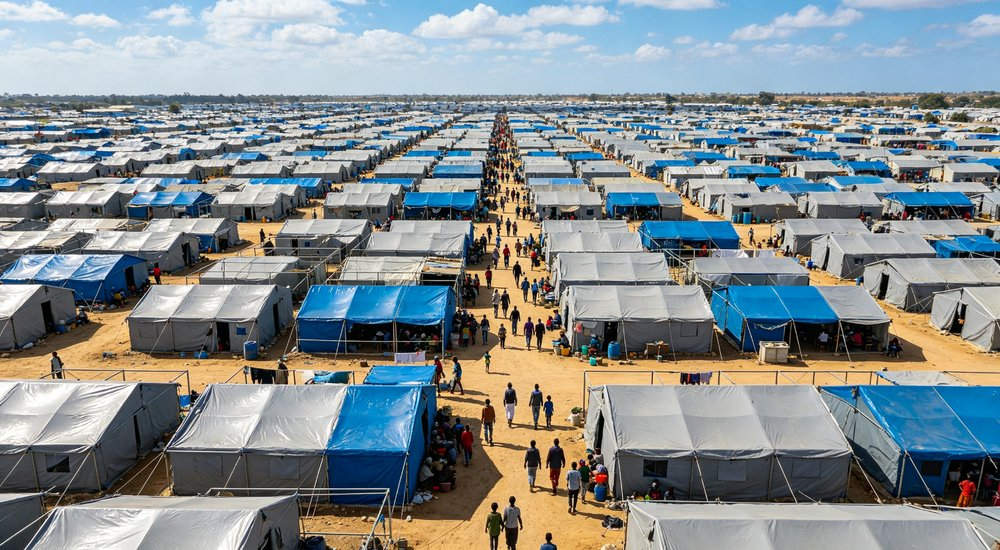 Aerial drone view showing multiple large emergency relief tents arranged in orderly rows across a disaster response camp with clear access pathways and blue sky overhead