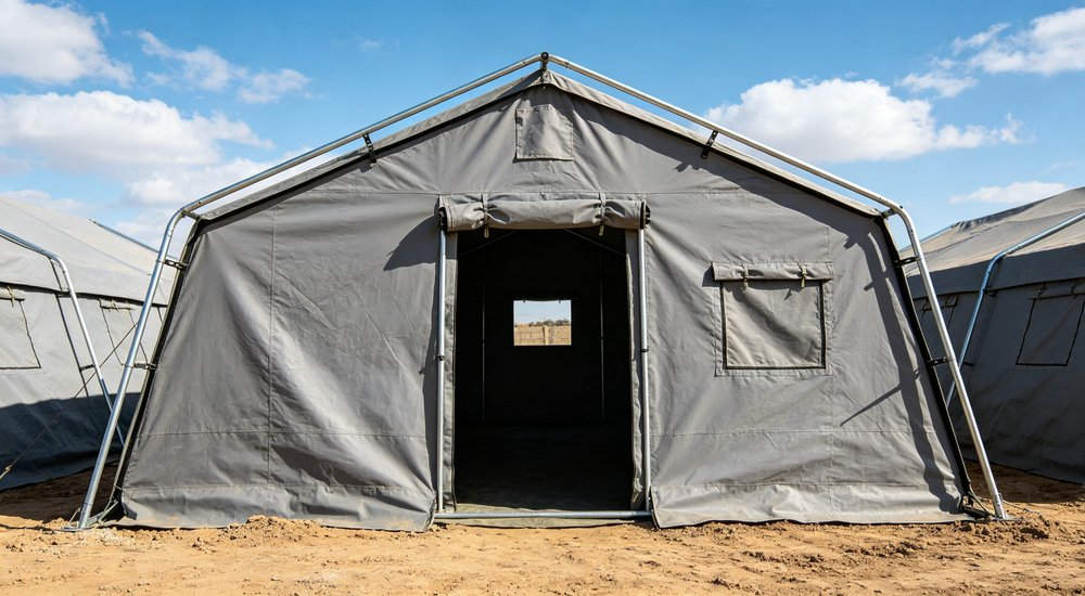 Front entrance view of a heavy duty emergency relief tent displaying the reinforced door frame sturdy zipper entrance and professional military grade construction quality