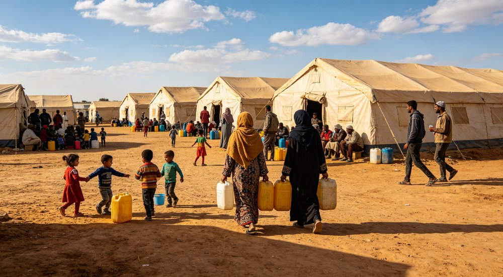 Emergency relief tent deployed in an active earthquake disaster zone providing immediate shelter for affected families with response teams working in the surrounding area