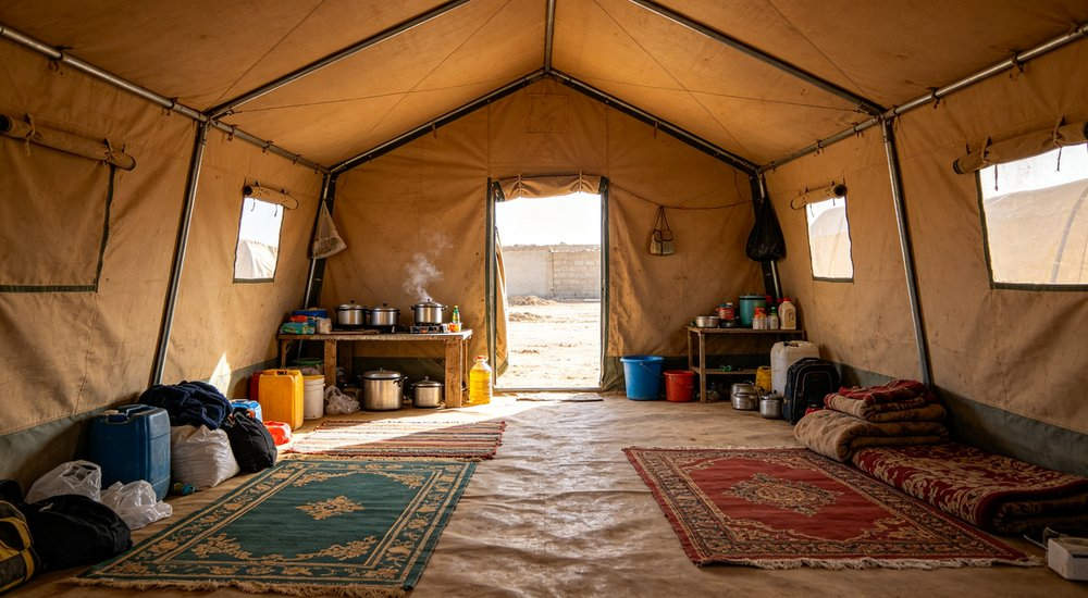 Interior view of a spacious emergency relief tent showing adequate headroom natural lighting through windows and organized living space for displaced family accommodation