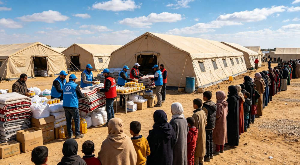 Wide panoramic view of a large humanitarian relief camp with dozens of emergency tents organized in neat rows demonstrating scale of disaster response operations