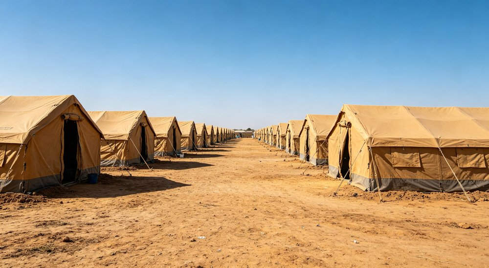 Closeup exterior detail showing reinforced corner seams heavy duty waterproof fabric texture and weatherproof construction of professional emergency relief shelter