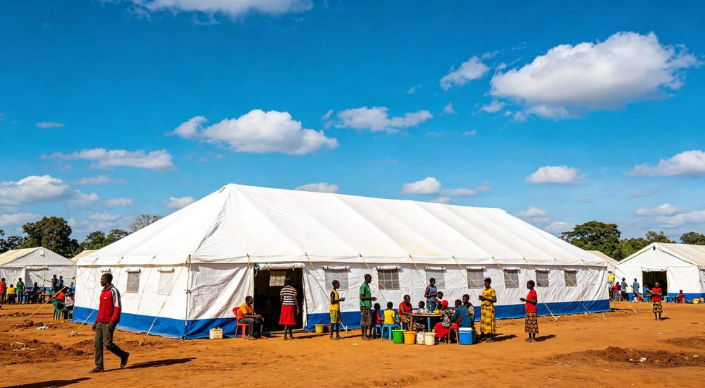 Emergency relief tent camp established after major natural disaster providing temporary shelter for hundreds of displaced families with organized sanitation and support facilities