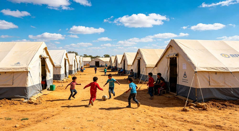 Humanitarian aid distribution area with emergency relief tents serving as collection points where relief workers provide food water and supplies to affected populations