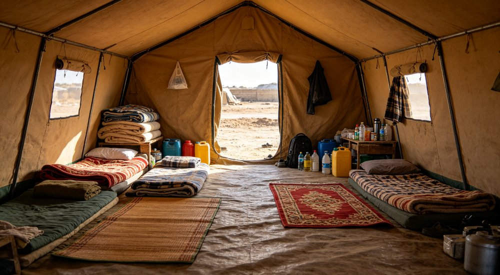 Well organized refugee camp with rows of emergency shelter tents providing dignified long term accommodation for displaced persons under international humanitarian protection standards