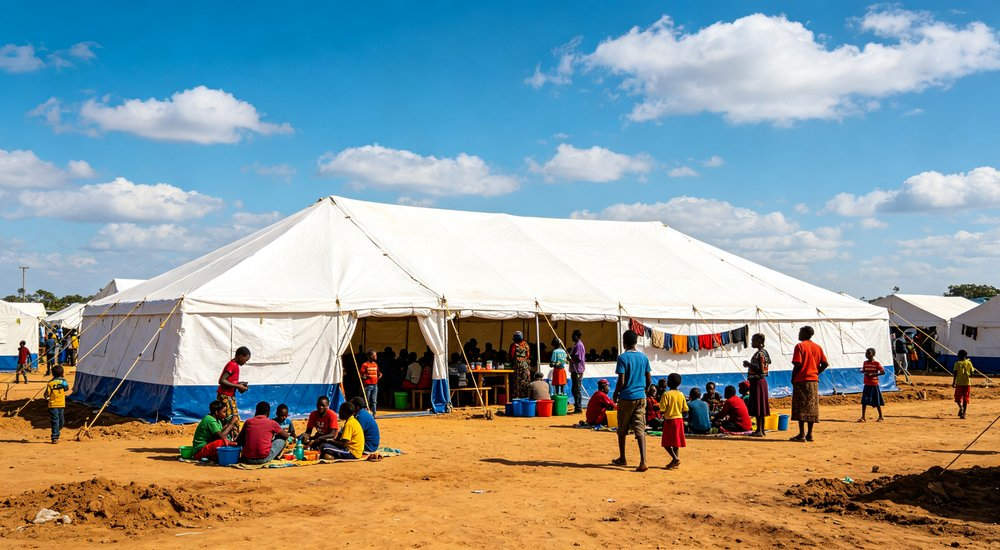 Military field base deployment showing emergency tents used for troop accommodation command posts and operational support in remote field conditions with security perimeter