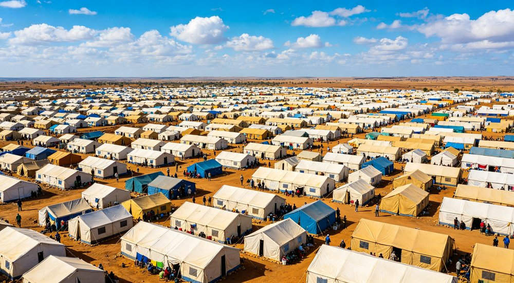 Medical rescue operation area with emergency tents serving as field treatment stations for disaster victims receiving first aid and emergency healthcare from medical teams