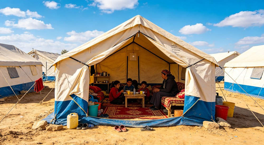 Emergency relief tent standing in heavy winter snow conditions demonstrating cold weather resistance insulation performance and durability for humanitarian operations in harsh climates