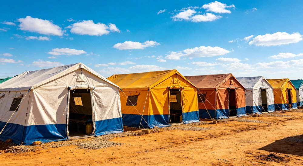 Humanitarian relief tent photographed at aid distribution camp providing reliable shelter with strong steel framework quality stitching and weather resistant fabric for disaster affected communities