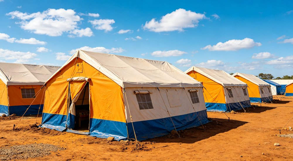 Field deployed emergency shelter showing robust frame construction waterproof material and practical design features meeting international standards for disaster response and refugee accommodation