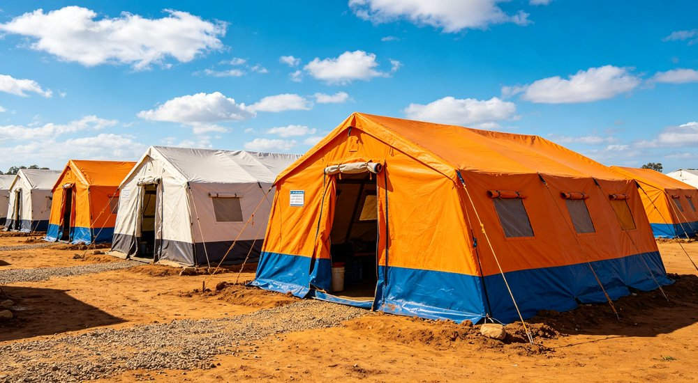 Professional emergency relief tent photographed in field deployment showing sturdy construction waterproof fabric and steel frame design suitable for disaster response and humanitarian aid operations