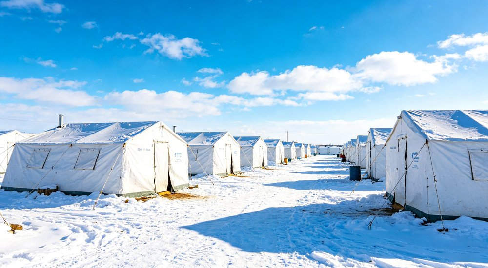 Earthquake affected region showing emergency relief tents deployed near damaged buildings providing immediate safe shelter for survivors while recovery and reconstruction work continues