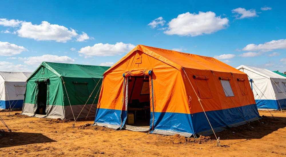 Heavy duty emergency frame tent displayed in operational setting demonstrating quick setup capability durable canvas exterior and spacious interior capacity for humanitarian relief missions