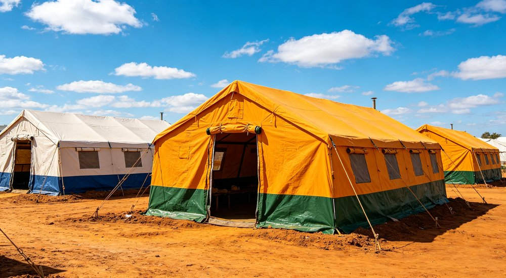 Emergency response tent captured during active deployment showing professional grade construction wind resistant frame and waterproof covering designed for long term use in challenging field conditions