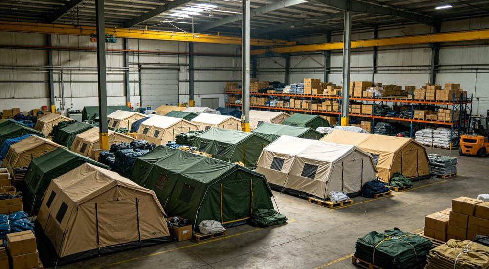 Humanitarian relief tent photographed at aid distribution camp providing reliable shelter with strong steel framework quality stitching and weather resistant fabric for disaster affected communities