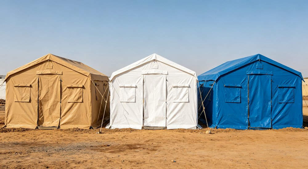 Field deployed emergency shelter showing robust frame construction waterproof material and practical design features meeting international standards for disaster response and refugee accommodation