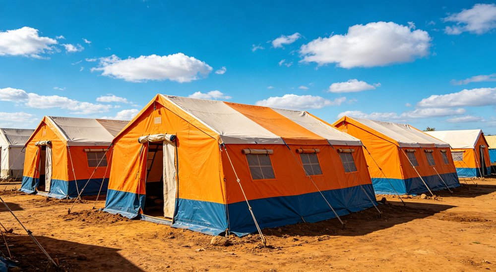 Professional emergency relief tent photographed in field deployment showing sturdy construction waterproof fabric and steel frame design suitable for disaster response and humanitarian aid operations