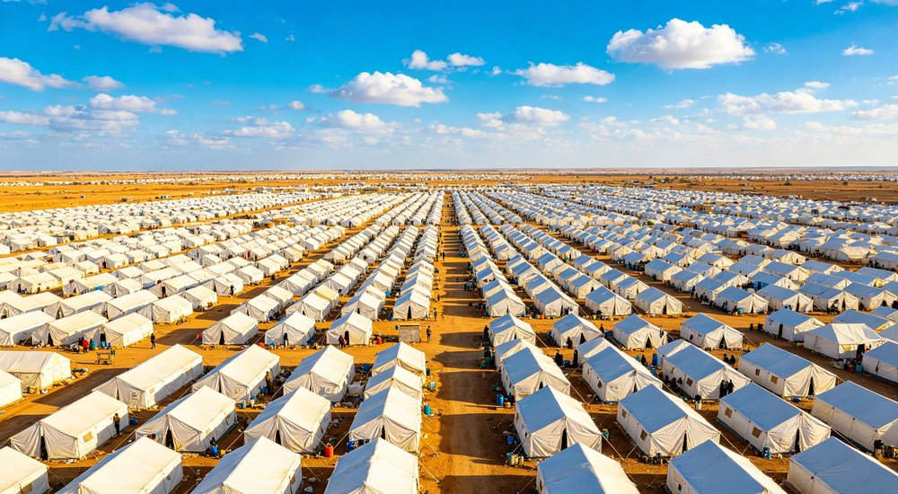Large emergency shelter tent installed at disaster relief site providing weatherproof accommodation for affected populations with reinforced structure and quality materials visible