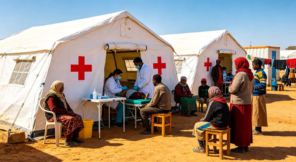 Heavy duty emergency frame tent displayed in operational setting demonstrating quick setup capability durable canvas exterior and spacious interior capacity for humanitarian relief missions