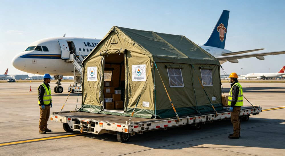 Emergency response tent captured during active deployment showing professional grade construction wind resistant frame and waterproof covering designed for long term use in challenging field conditions