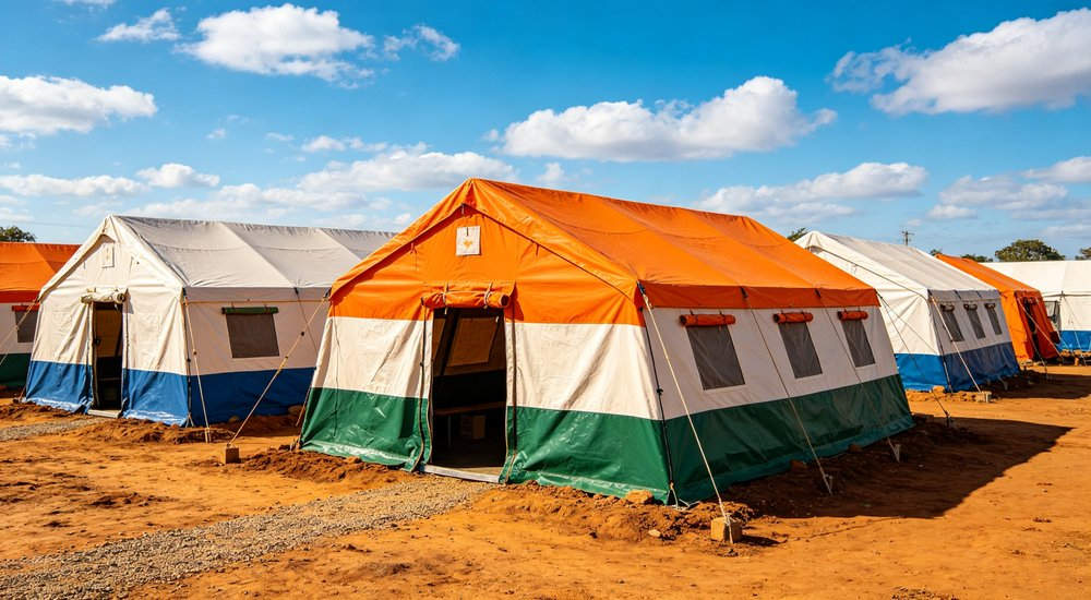 Humanitarian relief tent photographed at aid distribution camp providing reliable shelter with strong steel framework quality stitching and weather resistant fabric for disaster affected communities
