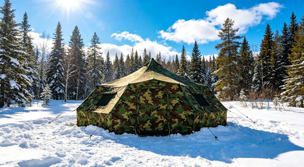 Field deployed emergency shelter showing robust frame construction waterproof material and practical design features meeting international standards for disaster response and refugee accommodation