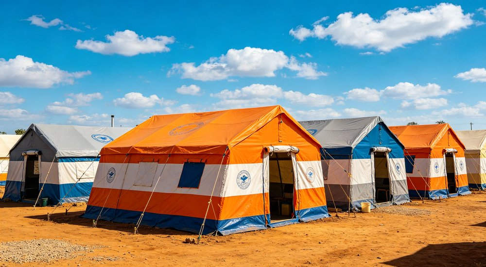 Professional emergency relief tent photographed in field deployment showing sturdy construction waterproof fabric and steel frame design suitable for disaster response and humanitarian aid operations