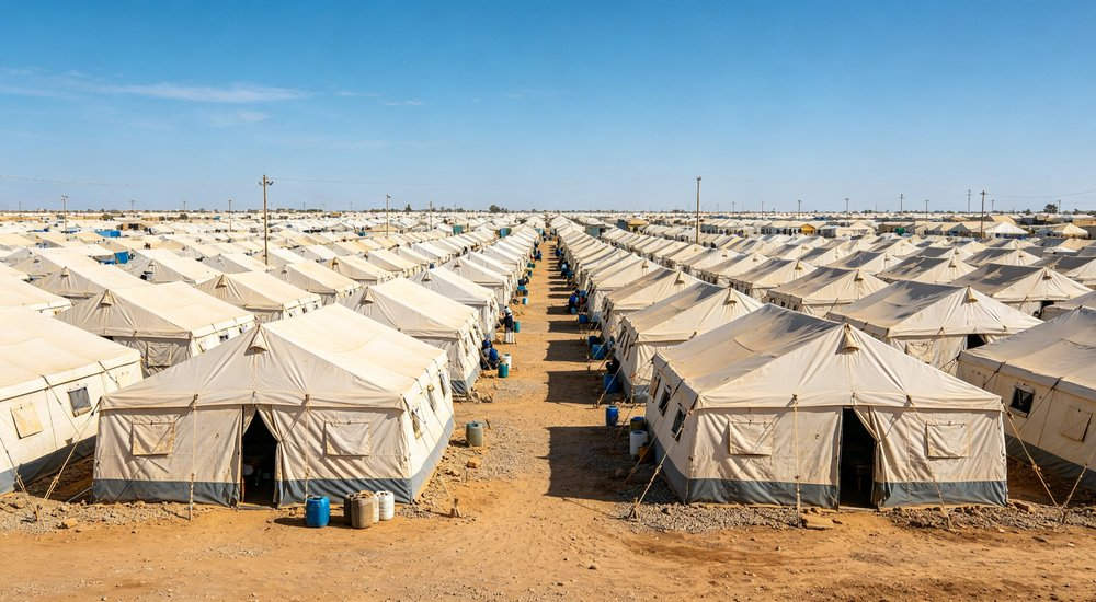 Large emergency shelter tent installed at disaster relief site providing weatherproof accommodation for affected populations with reinforced structure and quality materials visible