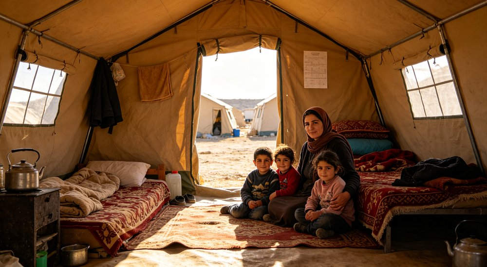 Heavy duty emergency frame tent displayed in operational setting demonstrating quick setup capability durable canvas exterior and spacious interior capacity for humanitarian relief missions
