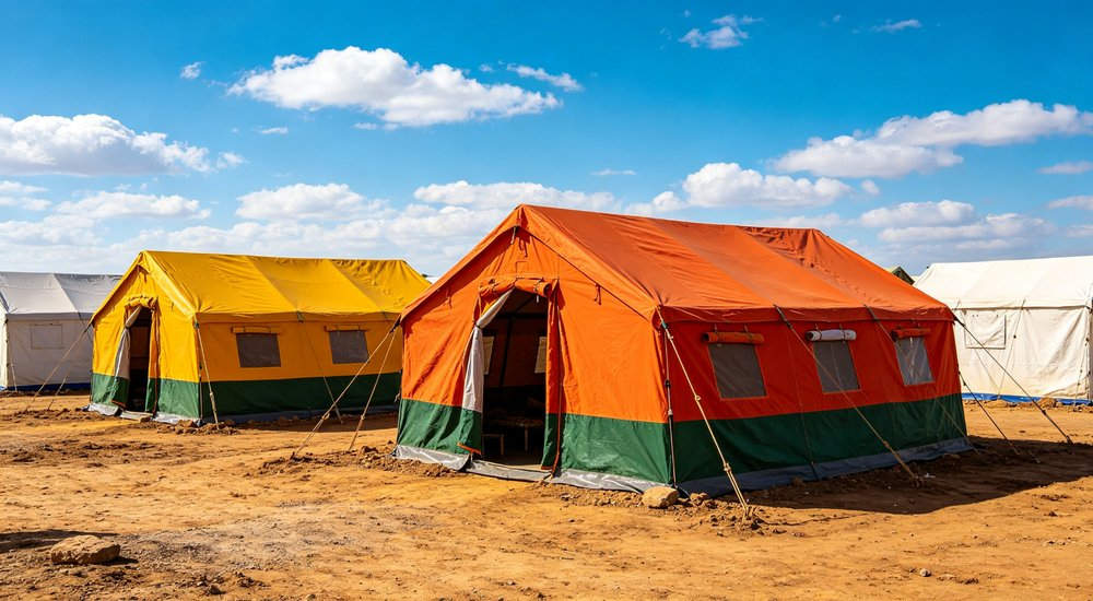 Emergency response tent captured during active deployment showing professional grade construction wind resistant frame and waterproof covering designed for long term use in challenging field conditions