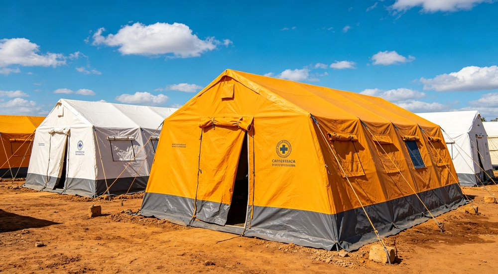 Humanitarian relief tent photographed at aid distribution camp providing reliable shelter with strong steel framework quality stitching and weather resistant fabric for disaster affected communities