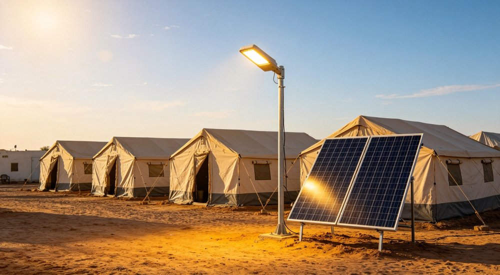 Field deployed emergency shelter showing robust frame construction waterproof material and practical design features meeting international standards for disaster response and refugee accommodation