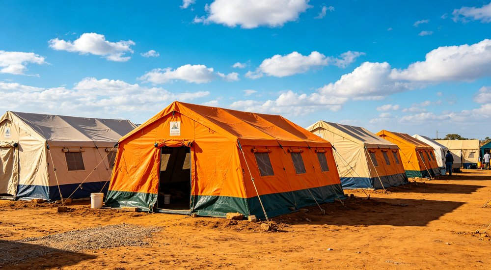 Professional emergency relief tent photographed in field deployment showing sturdy construction waterproof fabric and steel frame design suitable for disaster response and humanitarian aid operations