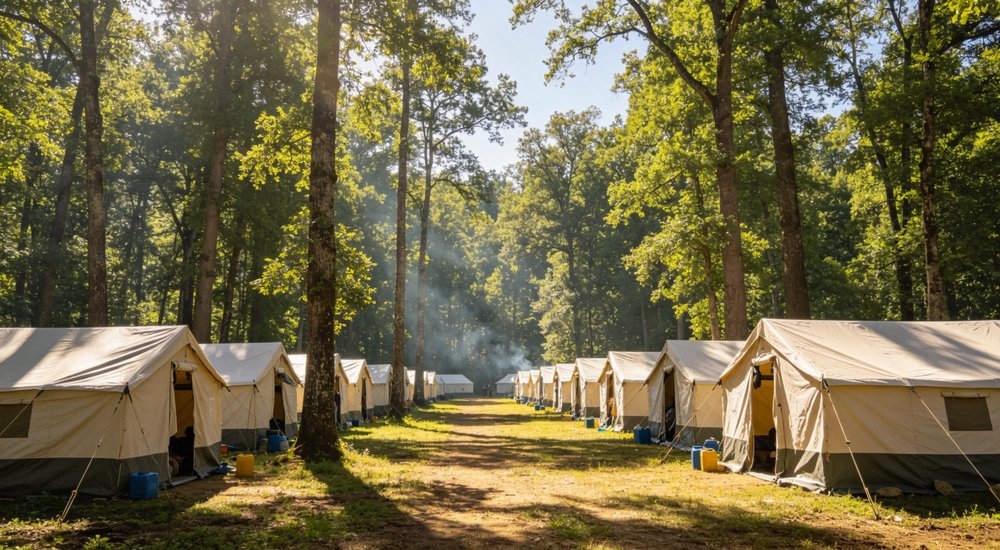 Large emergency shelter tent installed at disaster relief site providing weatherproof accommodation for affected populations with reinforced structure and quality materials visible