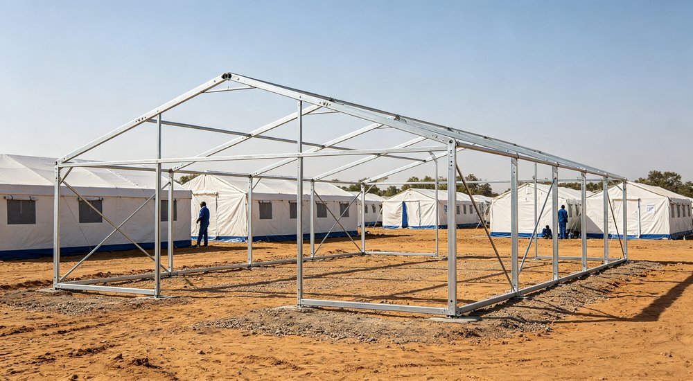 Heavy duty emergency frame tent displayed in operational setting demonstrating quick setup capability durable canvas exterior and spacious interior capacity for humanitarian relief missions