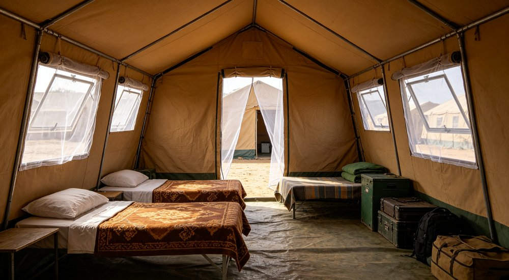 Emergency response tent captured during active deployment showing professional grade construction wind resistant frame and waterproof covering designed for long term use in challenging field conditions