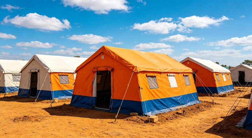 Humanitarian relief tent photographed at aid distribution camp providing reliable shelter with strong steel framework quality stitching and weather resistant fabric for disaster affected communities