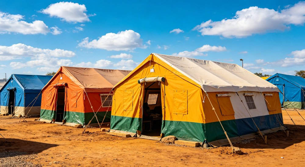 Field deployed emergency shelter showing robust frame construction waterproof material and practical design features meeting international standards for disaster response and refugee accommodation