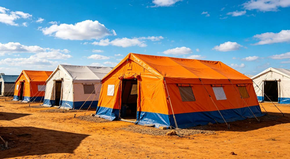 Professional emergency relief tent photographed in field deployment showing sturdy construction waterproof fabric and steel frame design suitable for disaster response and humanitarian aid operations