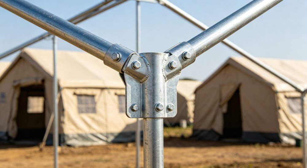 Large emergency shelter tent installed at disaster relief site providing weatherproof accommodation for affected populations with reinforced structure and quality materials visible