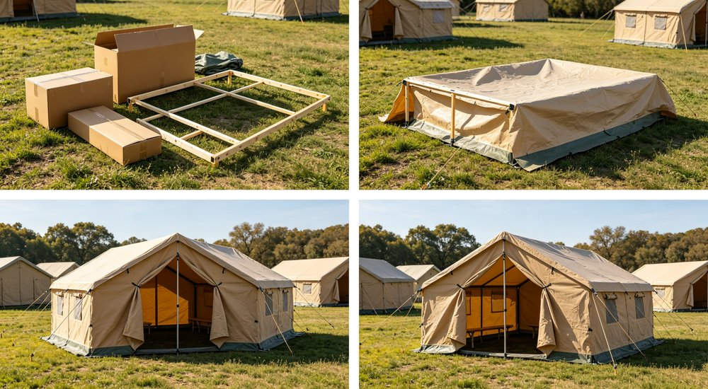 Heavy duty emergency frame tent displayed in operational setting demonstrating quick setup capability durable canvas exterior and spacious interior capacity for humanitarian relief missions