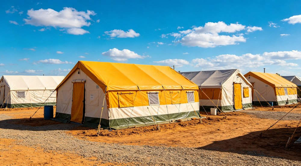 Emergency response tent captured during active deployment showing professional grade construction wind resistant frame and waterproof covering designed for long term use in challenging field conditions