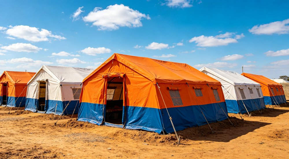 Humanitarian relief tent photographed at aid distribution camp providing reliable shelter with strong steel framework quality stitching and weather resistant fabric for disaster affected communities