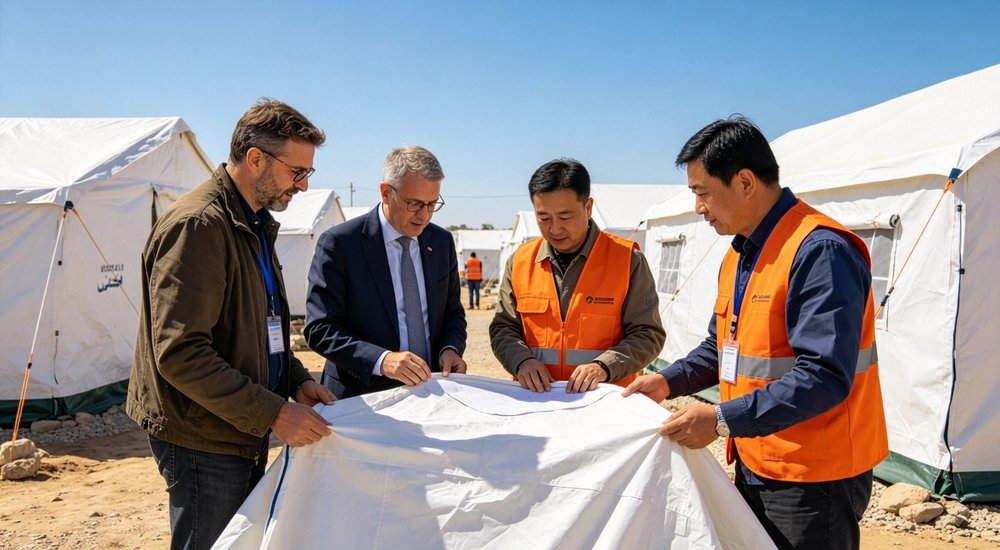 Field deployed emergency shelter showing robust frame construction waterproof material and practical design features meeting international standards for disaster response and refugee accommodation