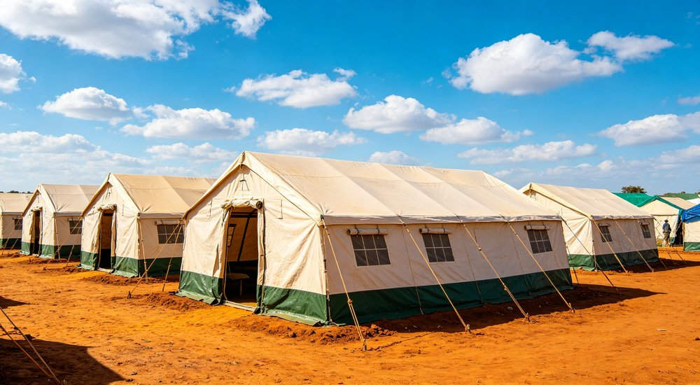 Large emergency shelter tent installed at disaster relief site providing weatherproof accommodation for affected populations with reinforced structure and quality materials visible